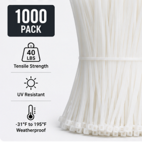 12-Inch Heavy-Duty Black Zip Ties 1000 Pack – 50 LB Self-Locking Nylon Cable Ties for Cable Management, Garden, Automotive & DIY