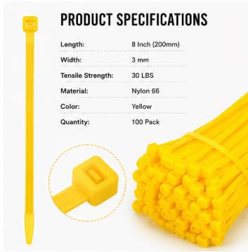 Heavy-Duty 8-Inch Yellow Zip Ties – 100 Pack | 30 LB Self-Locking Cable Ties