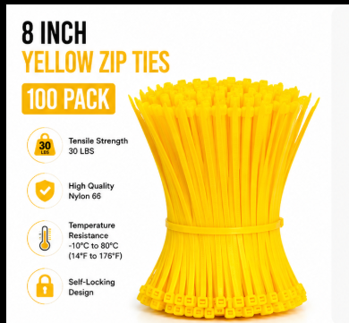 Heavy-Duty 8-Inch Yellow Zip Ties – 100 Pack | 30 LB Self-Locking Cable Ties
