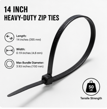 Heavy Duty 14-Inch Black Zip Ties – 1000 Pack, 50 lb Strength